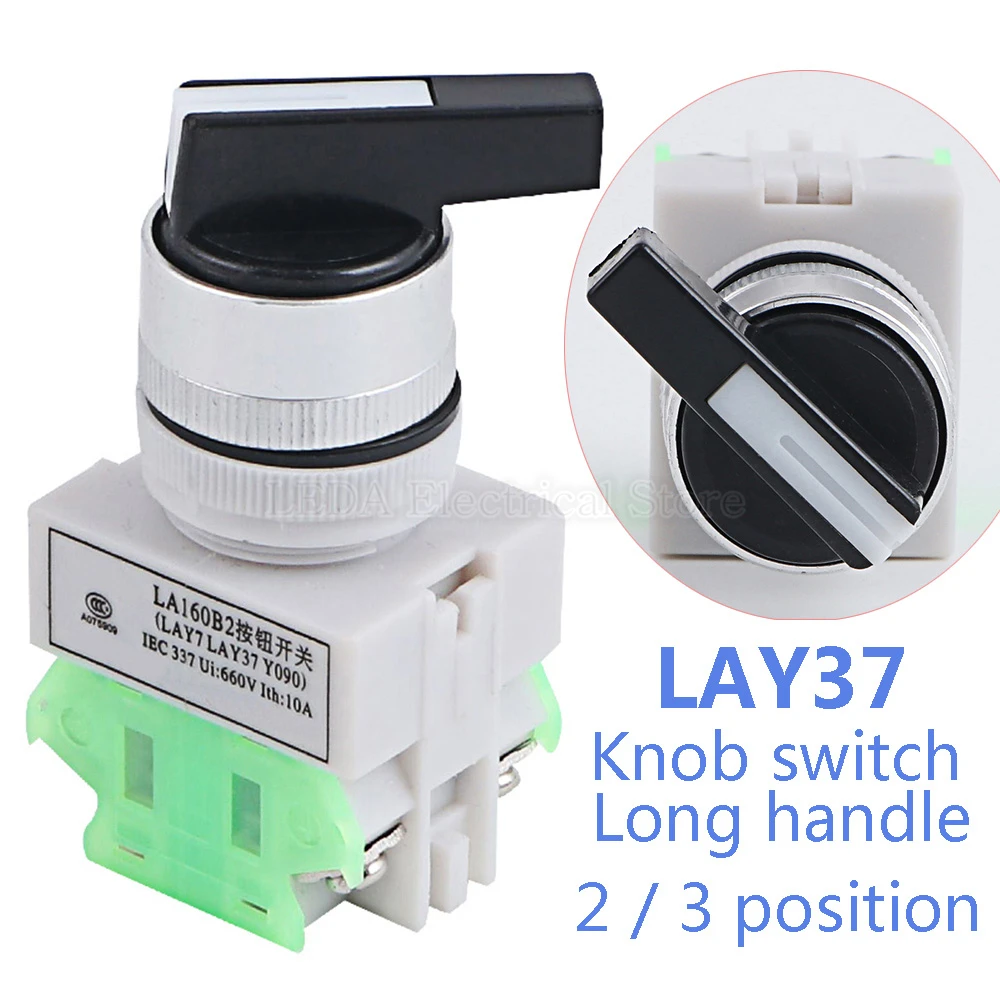 1Pcs LAY37-11X2 20X3 Y090 22mm DPST 2 / 3 Position Rotary Selector Long Handle Knob Push Button Switch 1NO 1NC / 2NO