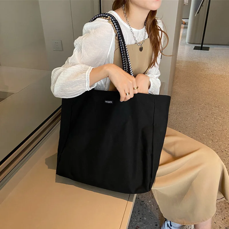 Canvas Bags for Women Shoulder Totes Bag 2023 Designer Handbags Girls Casual Solid Plaid Shopper Large Capacity Double Side Bags