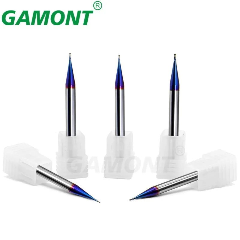 GAMONT 텅스텐강 카바이드 CNC 기계 센터 엔드밀 공구, 블루 나노 코팅, 마이크로 직경 2F 볼 노즈 밀링 커터, HRC70