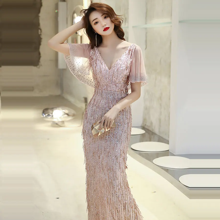 Vestido De noche con espalda descubierta para mujer, traje Formal con cuello en V profundo, talla grande, lentejuelas y borlas De cristal, K029, 2019