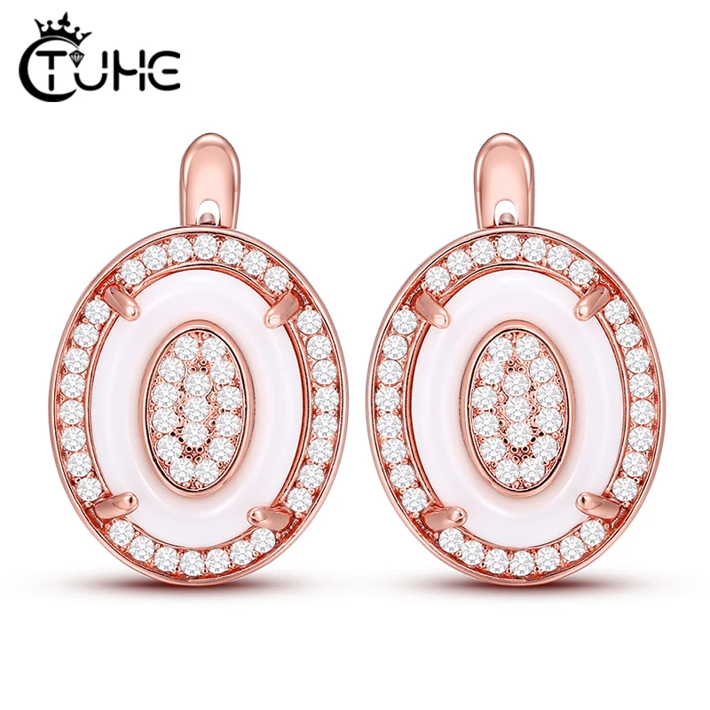 Ceramic Women Earrings Elegant Style Egg U Shape Earring For Women Wedding Engagement Jewelry Rhinestone With White Ceramic Gift