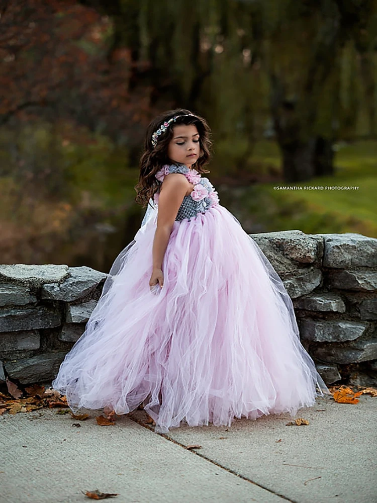 Pink and Grey Flower Girl Tutu Dress Wedding Tulle Dress Girls Wedding Dresses Robe Demoiselle Rose Kids Girls Clothes Dress image 4