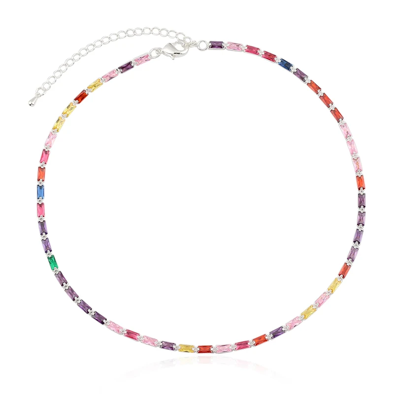 Hot Selling Tennis Chain Rainbow Necklaces Gold Color Fashion Colorful CZ Chocker Necklace For Women Femme Jewelry New