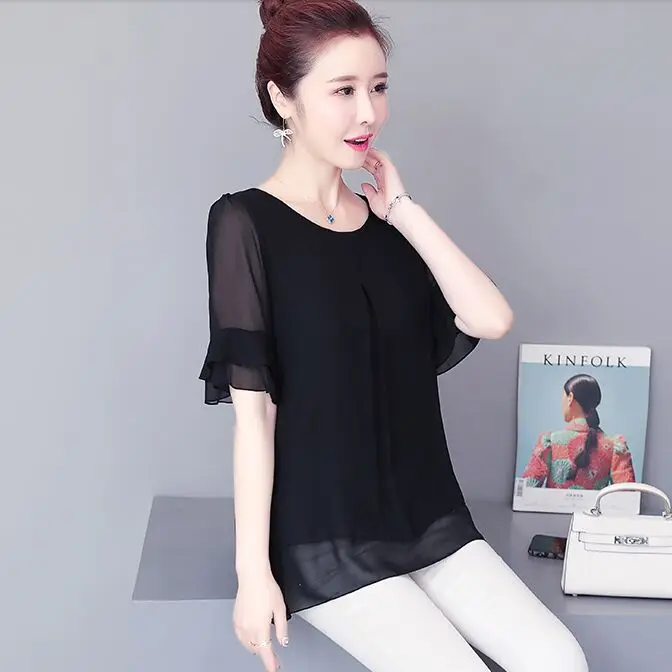 Summer Women Blouse Loose Shirt O-Neck Chiffon Female Short Sleeve Blouse Plus Size 5XL Shirts women tops and blouses Top NS4602