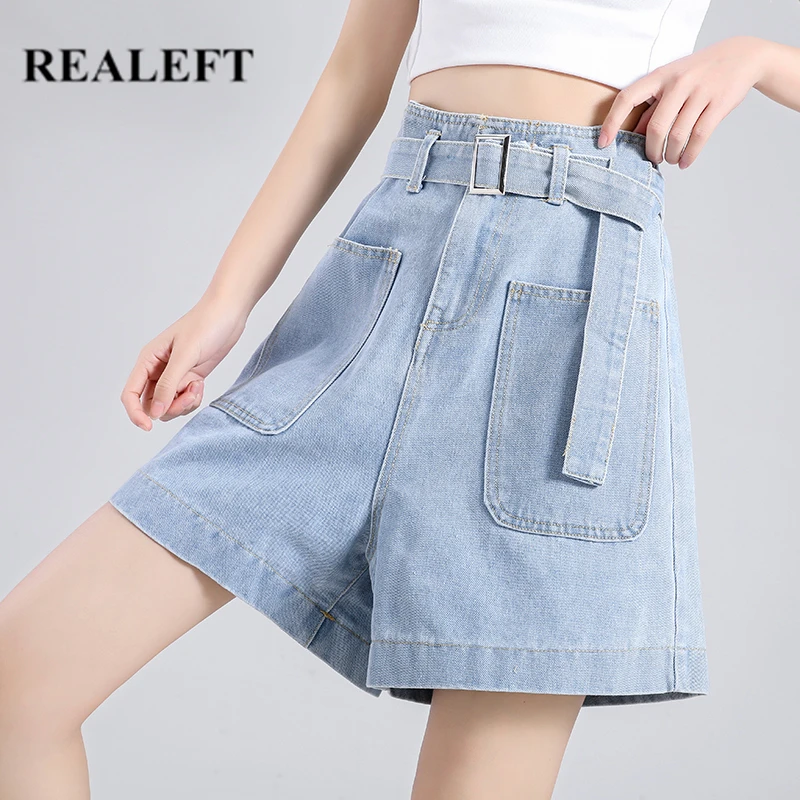 

REALEFT Summer 2021 New Women's Denim Shorts with Belted Casual Loose Fashionable High Waist Pocket Chic Female Jeans Trouses