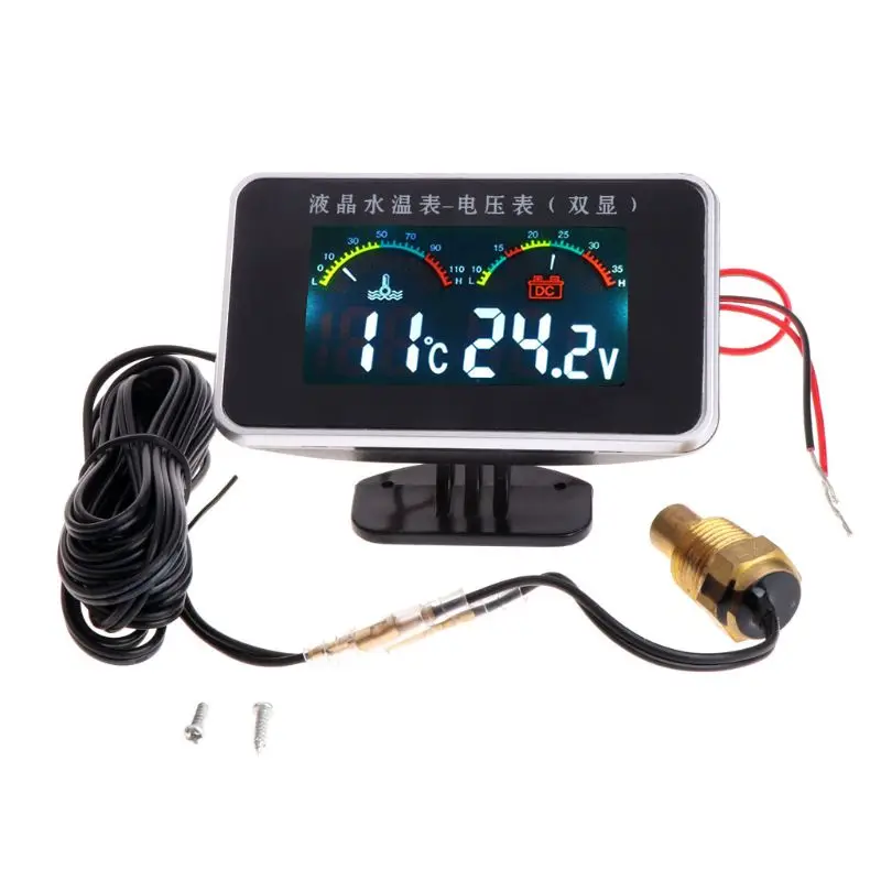 12V 24V Car LCD Water Temperature Meter Thermometer Voltmeter Gauge 2in1 Temp Voltage Meter 17mm Sensor Aug.