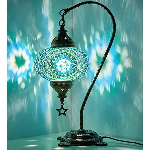 

(33 Colors) LaModaHome English Moroccan Mosaic Table Lamp with US Plug & Socket, swan Neck Handmade Desk Bedside Table Night Lam