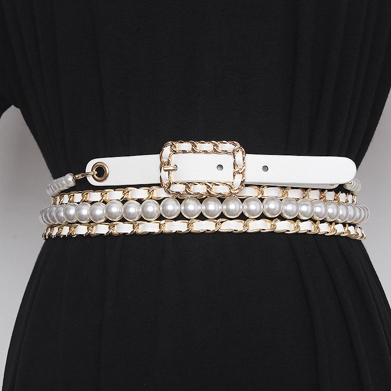 المرأة المدرج موضة اللؤلؤ سلسلة بولي Leather جلدية فستان Cummerbunds الكورسيهات زنار أحزمة الديكور ضيق حزام TB1727