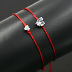 2pcs/set Silver Color Women Crystal Zircon Love Heart Bracelet Red Rope Thread Braid DIY Bracelets For Girls Child Couples Gifts