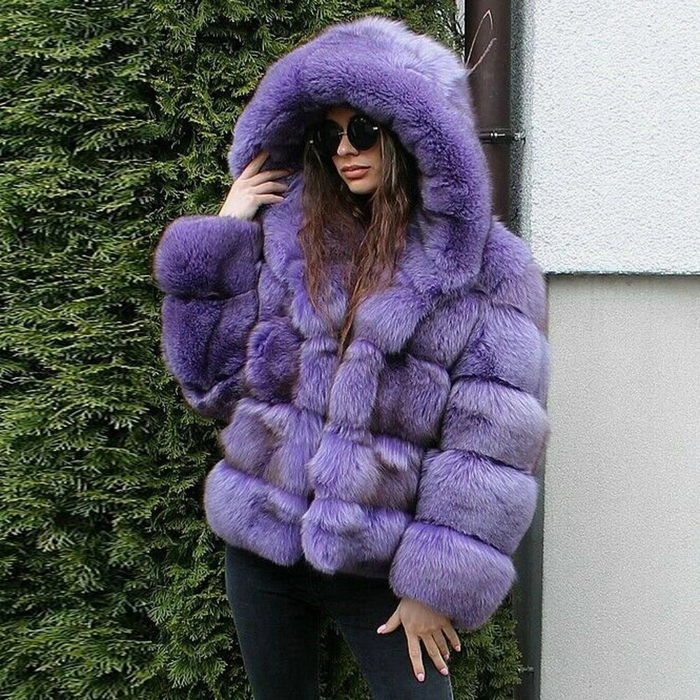 Fashion Purple Real Fox Fur Jacket with Hood Thick Warm Natural Fur Overcoat Luxury Woman Full Pelt Fox Fur Coats Winter Outwear