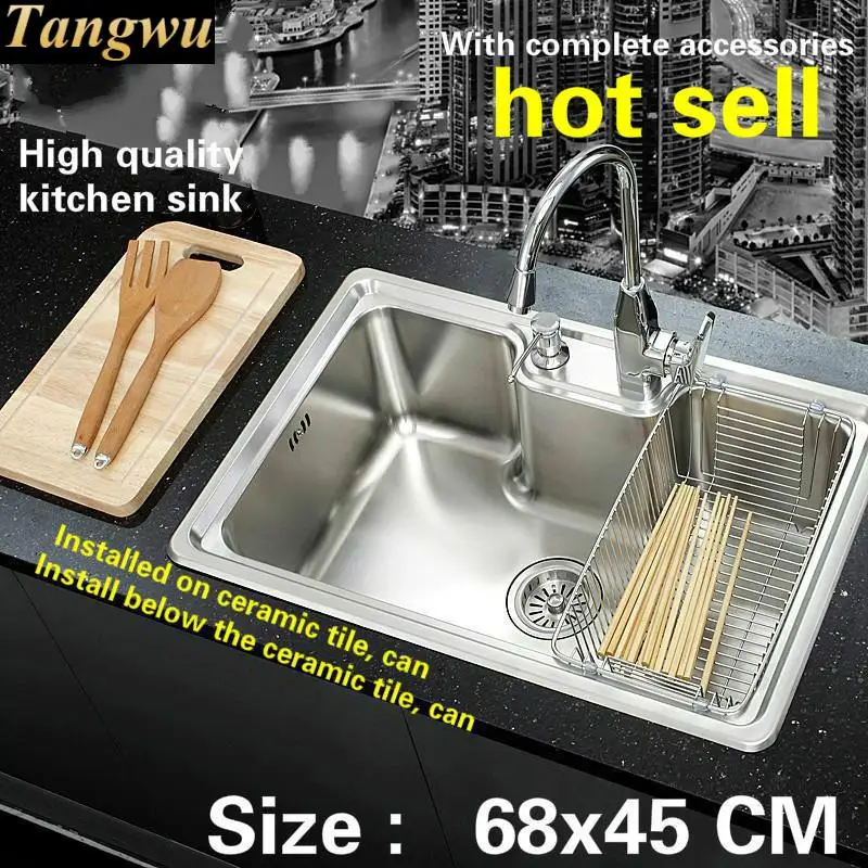 

Free shipping Fashionable kitchen sink 0.8 mm thick luxurious food grade 304 stainless steel single slot hot sell 680 x450 MM