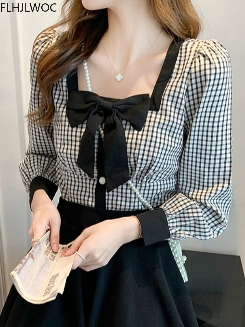 Cute Sweet Bow Tie Tops Square Neck Retro Vintage Plaid Shirts 2021 Women Autumn Basic Wear Chic Japan Style Clothes