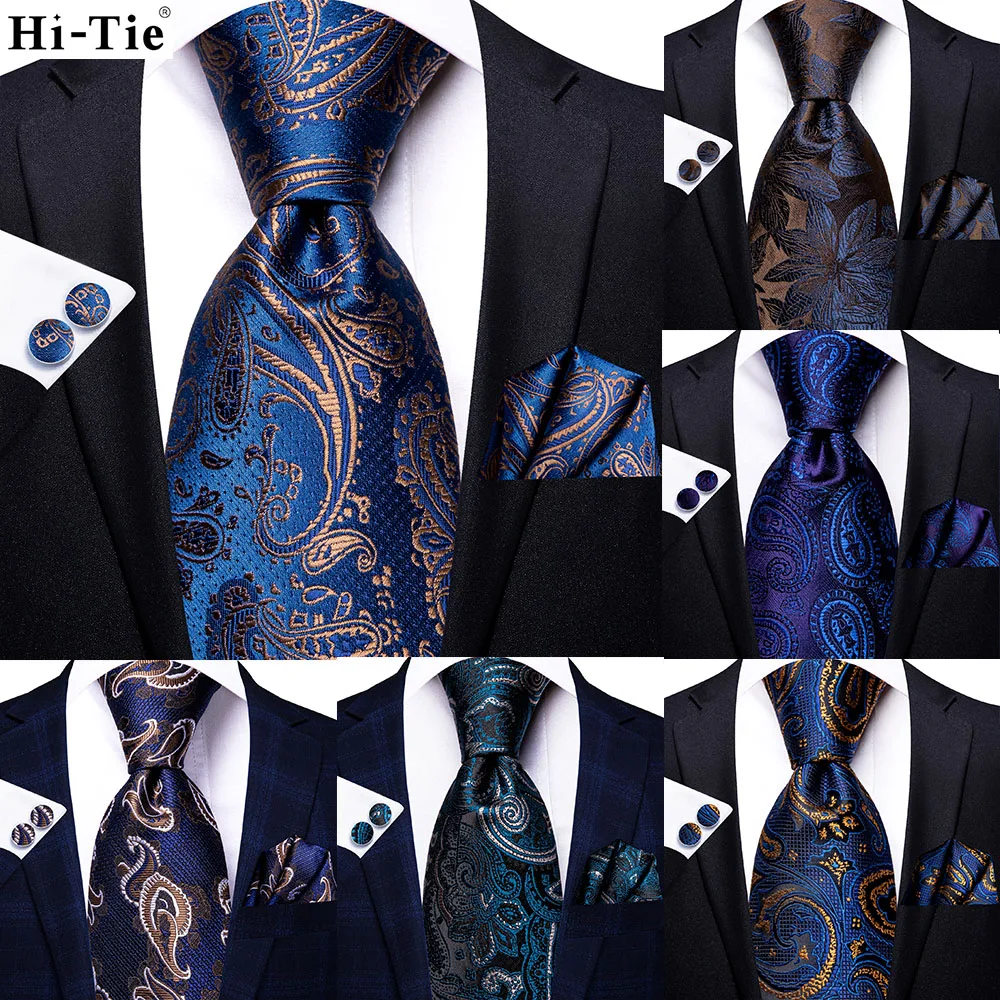 

Hi-Tie Navy Blue Gold Paisley Silk Wedding Tie For Men Hanky Cufflinks Mens Necktie Set Business Party New Design Dropshipping