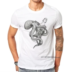 100% Cotton Summer Fashion Male Octopus Print Short Sleeve All-match O-neck White Casual Tee Men T Shirt Comfortable Tops