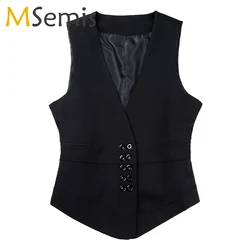 Women All-match Waistcoat V Neck Double-Breasted Button Down Blazer Adjustable Back Strap Fully Lined Suit Vest for Office Party