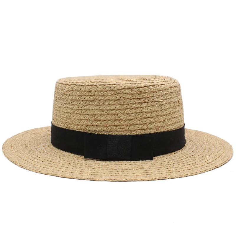 Men Women Soft Beige Straw Flat Top Boater Hats Sailor Caps Summer Sombrero Beach Sunhat Outdoor Sunbonnet Size US 7 1/4 UK L