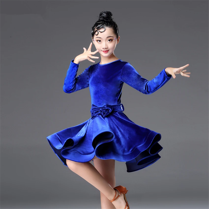 Latin Dance Kids Dresses for Girls Long Sleeve Dress Velvet Ballroom Competition Party Stage Performance Practice Costumes