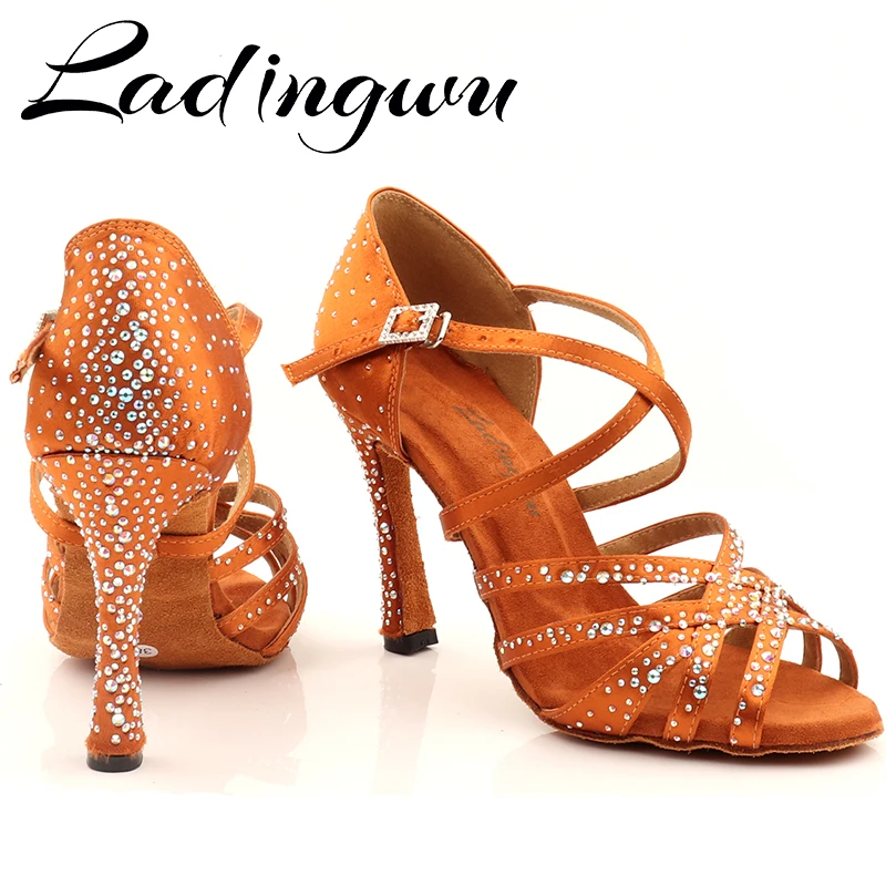 Ladingwu Women Party Dance Shoes Silk Satin Shining Rhinestones Soft Bottom Latin Dance Shoes Woman Salsa Dance Shoes Custom Hee