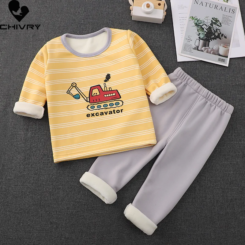 Neue Kinder Jungen Verdicken Warme Pyjama Sets Baby Mädchen Cartoon Druck Oansatz Tops mit Hosen Herbst Winter Schlaf Bekleidung Sets