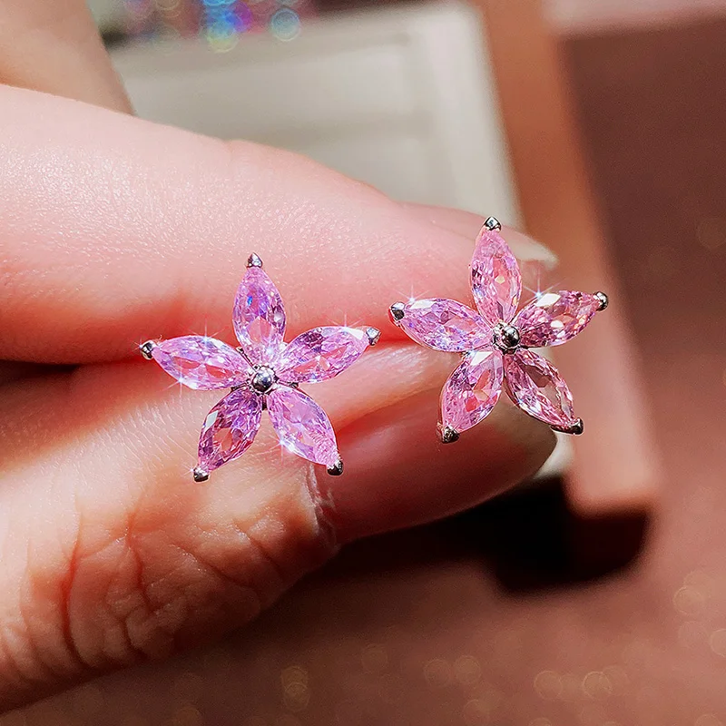 Huitan Fashion Fresh Flower Stud Earrings for Girls Colorful Cubic Zirconia Simple Stylish Women Earrings Party Wedding Jewelry