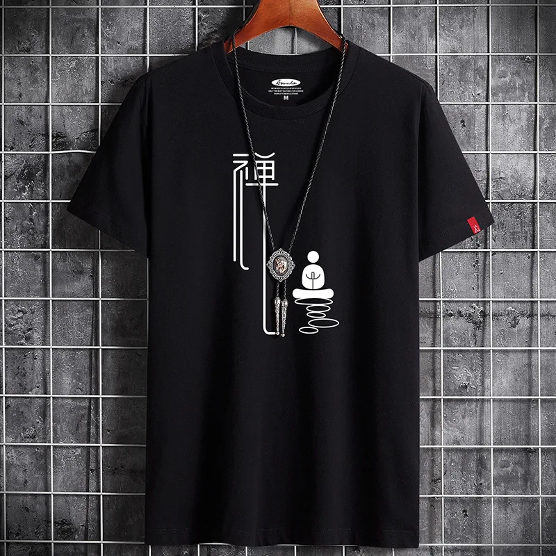 2022 Anime Summer Men Tops oversize Loose Short Sleeve Breathable Cotton Man Tshirt Chinese Letter Print Men\'s Casual T-shirts