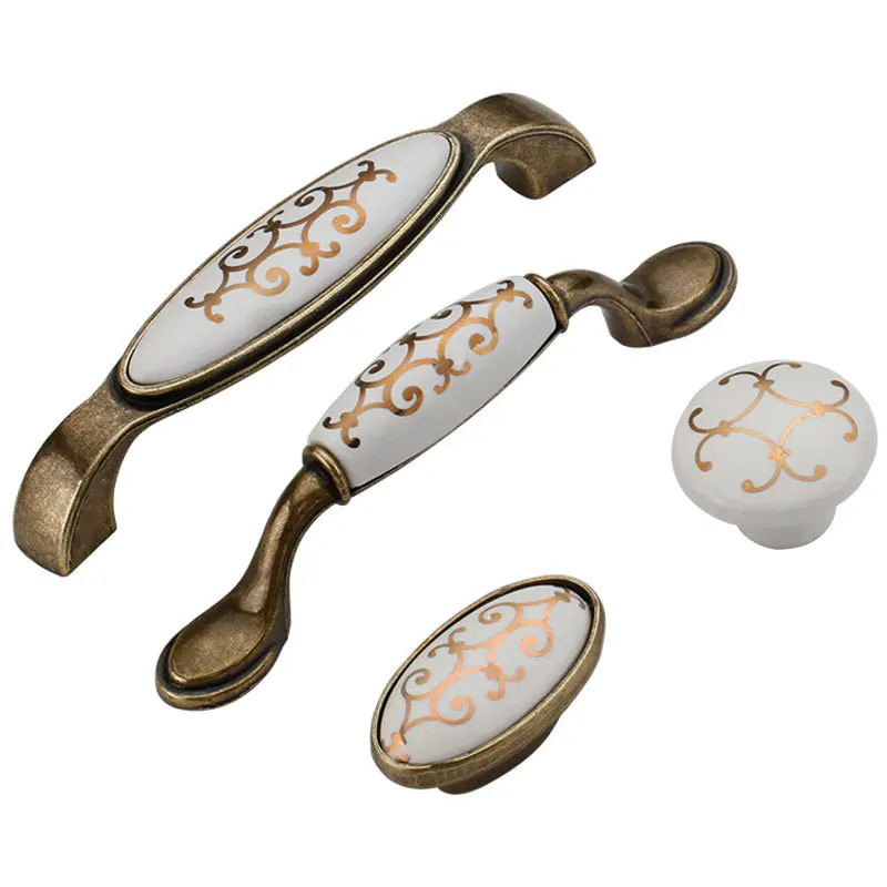 Ceramic Door Handles European Style Crack Kitchen Cabinet Handles Door Knobs Zinc Alloy Furniture Drawer Push Pull Handles
