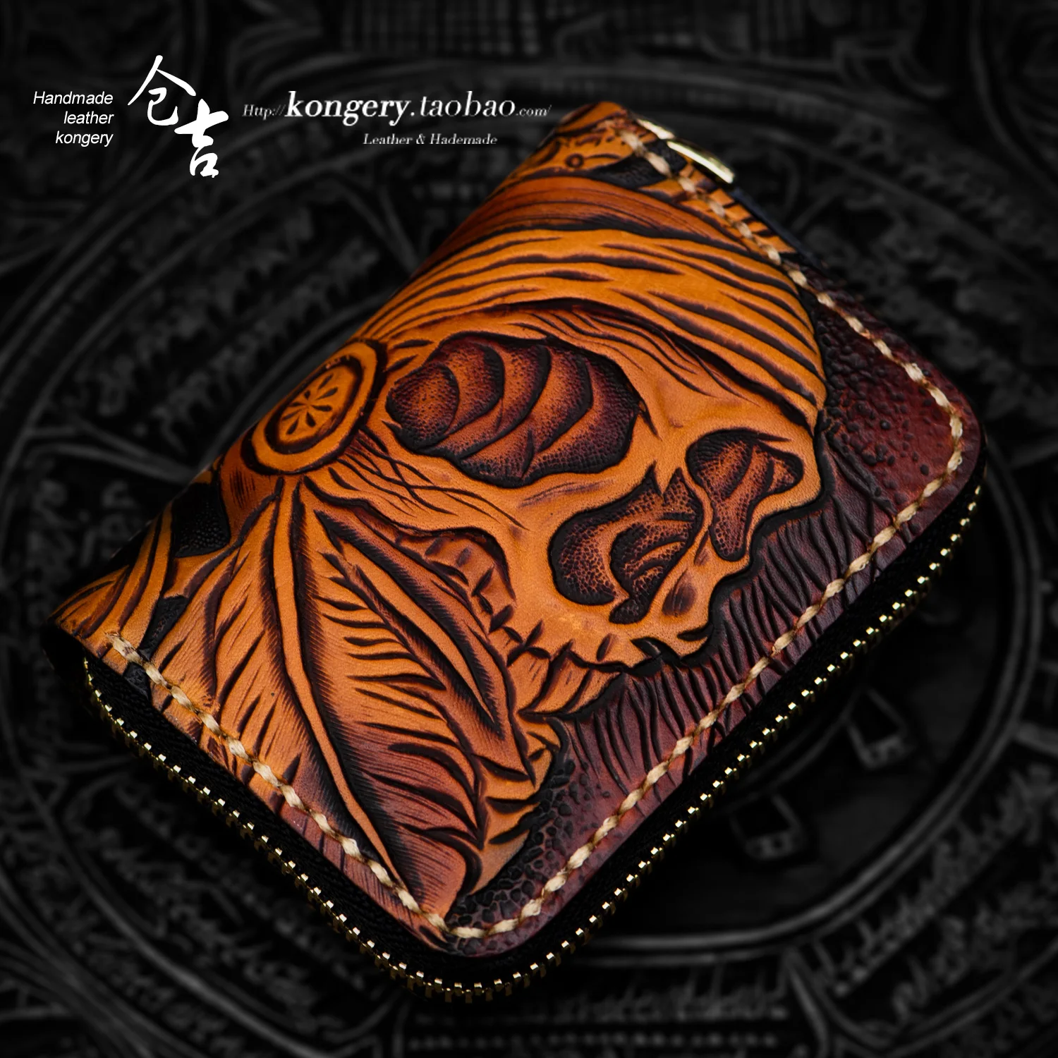 ★★package zero wallet zipper men and women leather carving organ card wrapping vulture head layer cowhide leather wallet