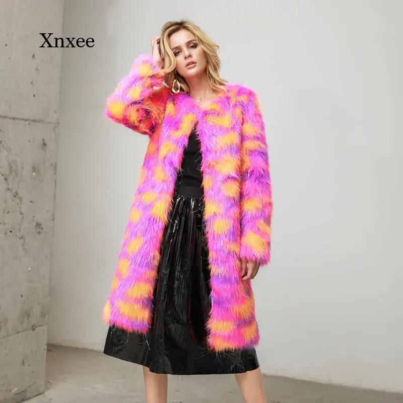 

Women Faux Fur Jacket Multicolor Sparkling Long Sleeve Fourrure Femme Fluffy Hairy Warm Fake Fur Coat Winter Slim Outerwear Tops