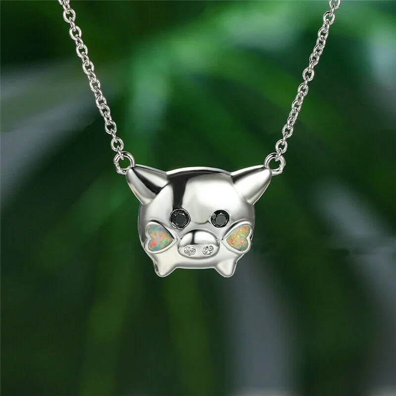 

Cute Female Animal Pig Silver Love Heart Simulated Opal Zircon Pendant Necklace