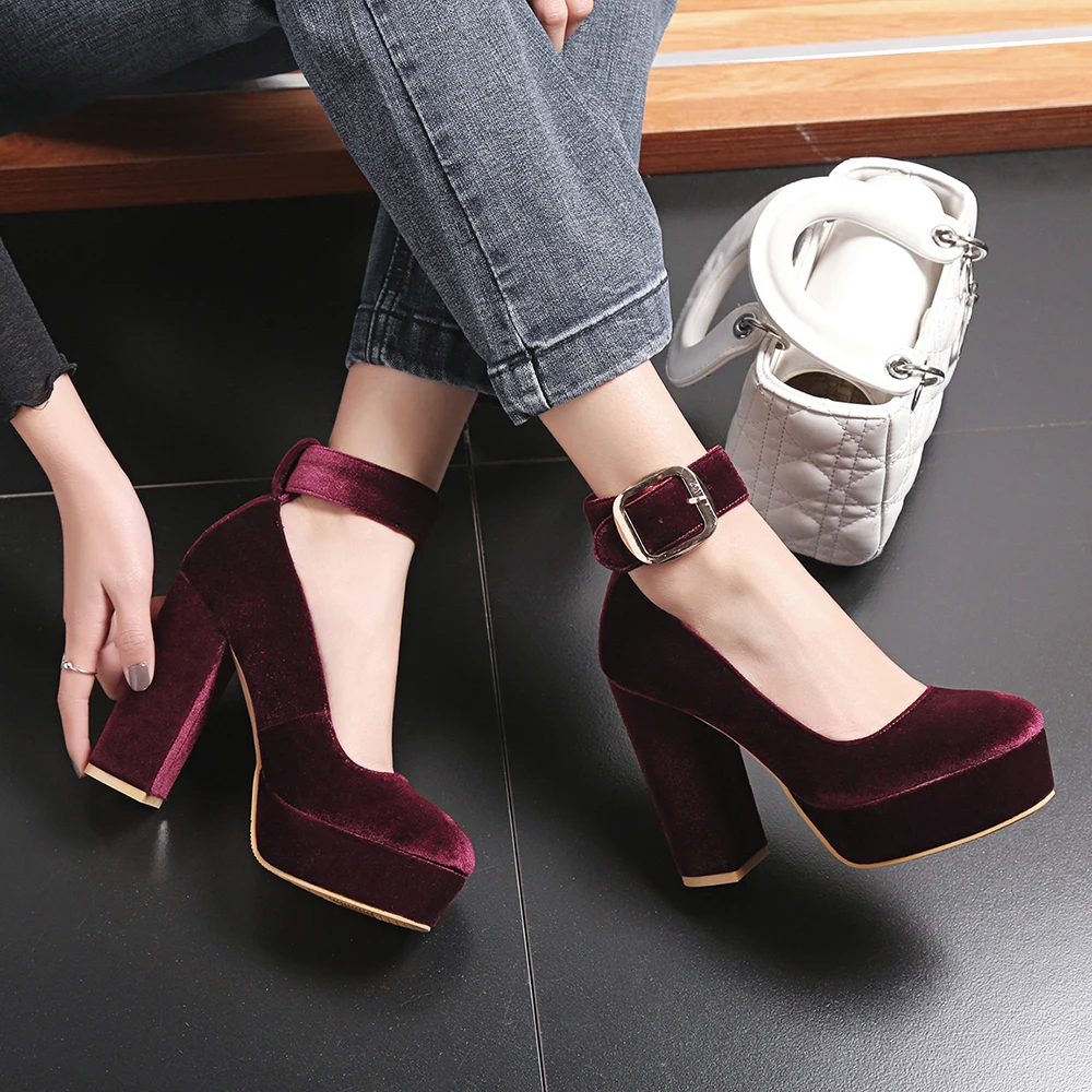 Big Size 33 41 Spring Sexy Velvet Pumps Female Lolita Shoes Cute Mary Janes Party High-heeled Buckle Platform Femeninos Tacones