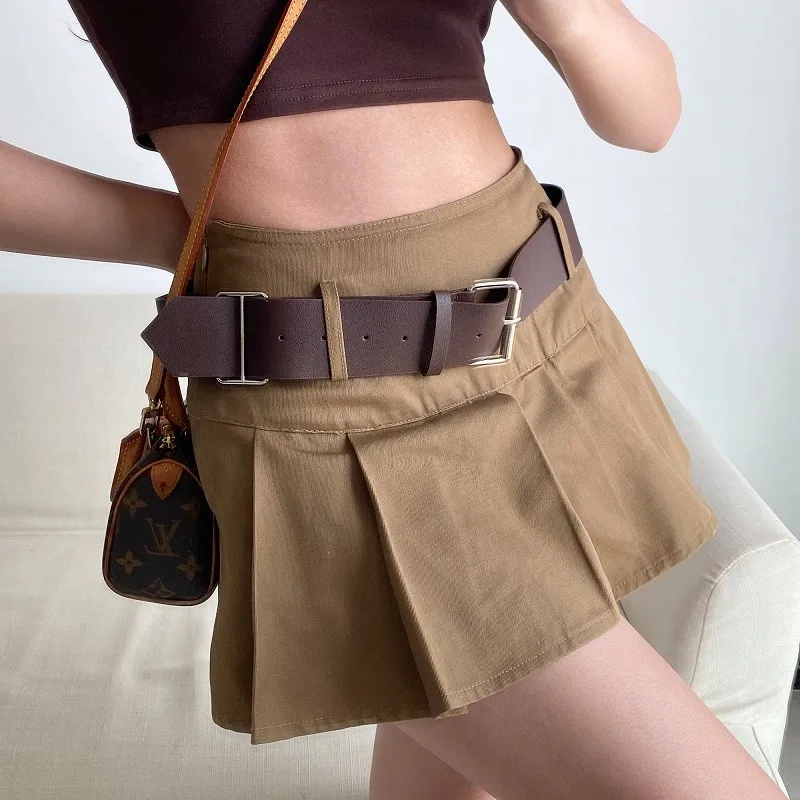 Karrram Casual Brown Pleated Mini Skirt Ladies High Waisted Short Skirts Womens With Belt Korean Fashion 90s Summer Streetwear
