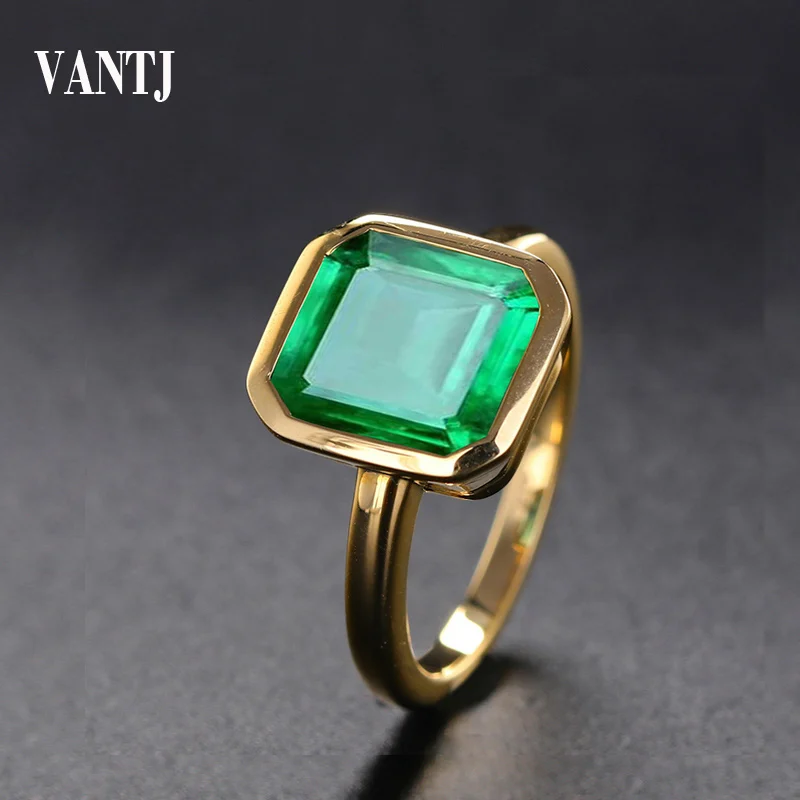 VANTJ  Real 10K Yellow Gold Rings Sterling Lab Grown Hydrothermal Created Emerald 3ct Fine Jewelry Women Party Wedding Gift