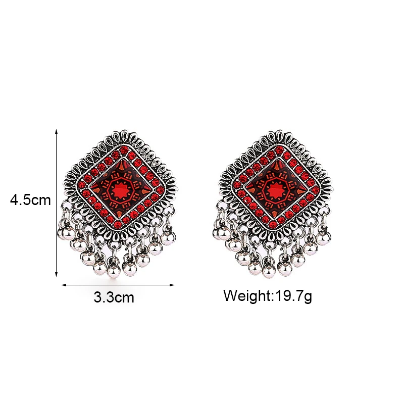 Vintage Ethnic Silver Color Square Alloy Drop Earrings for Women Boho Carved Flower Beads Tassel Earrings Indian Jhumka Jewelry