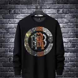 Plus Size 2024 Men Rhinestones Hoodie Sweatshirt Fashion Streetwear Slim Full Pullover Hoodie O Neck Cotton Mens Autumn Clothes