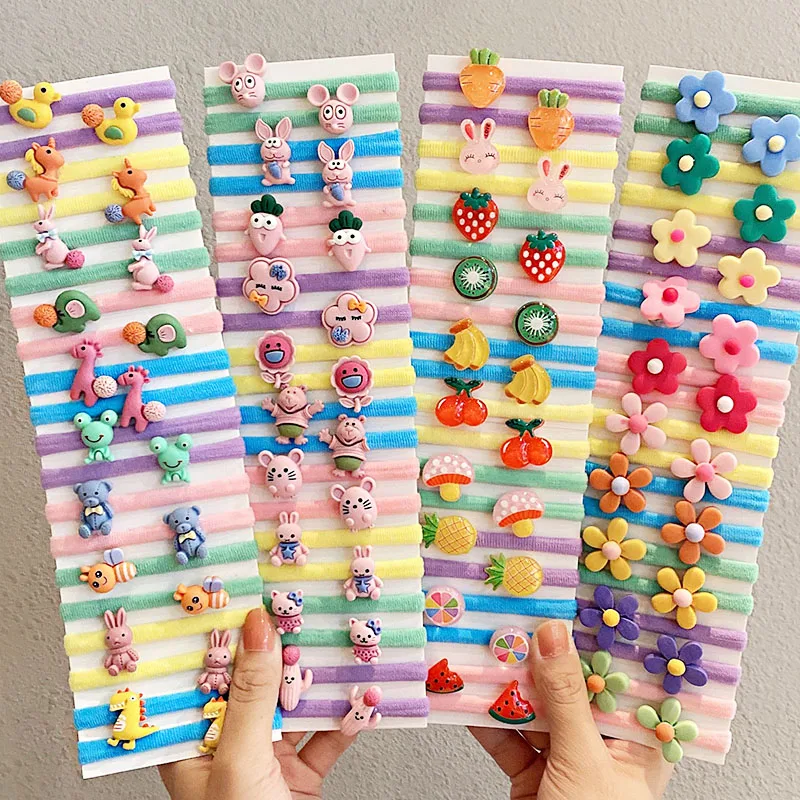 10PCS/Set New Girls Cute Cartoon Scrunchie Ponytail Holder Rubber Bands Kids Lovely Hair Bands Headband Fashion Hair Accessories