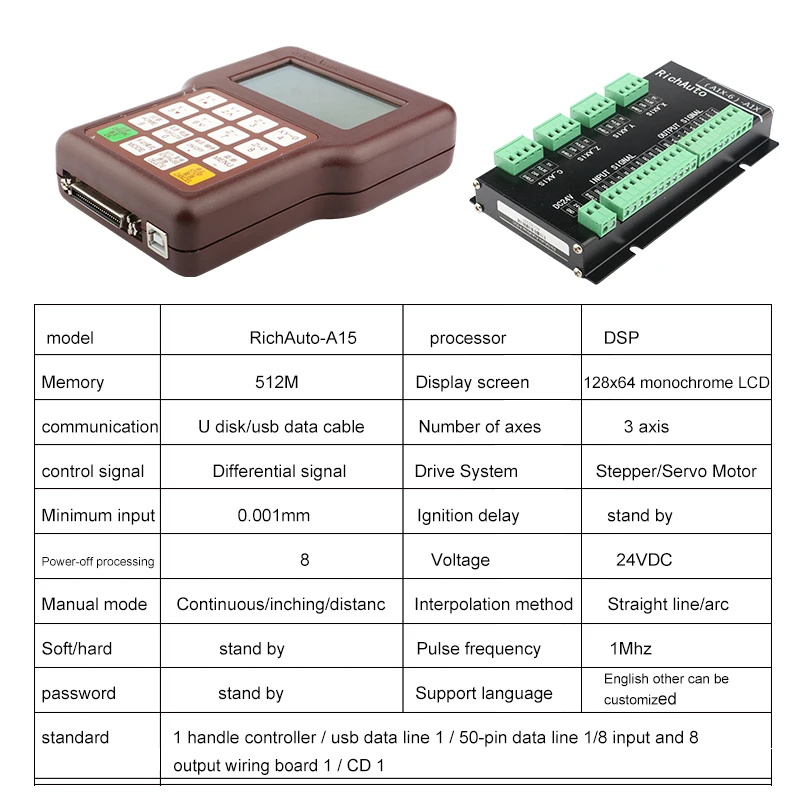 Richauto A15 Multi-Axis 3-Axis CNC DSP Controller Offline USB Motion Control System Manual, Used For CNC Router Cylinder Control