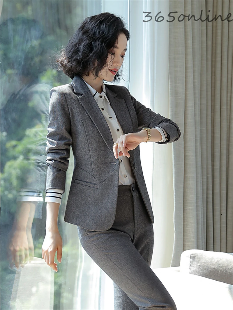 Formal Uniform Designs Pantsuits for Women Business Work Wear Suits Autumn Winter Professional Ladies Office Blazers Sets Gray