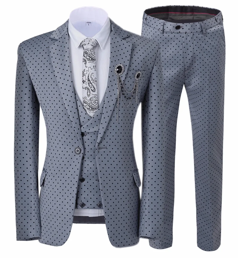 2024 Double Breasted Three Pieces Men's Wedding Suit Dots Printed Slim Fit Notch Lapel Tuxedos Grey（Blazer+Pants+Vest））