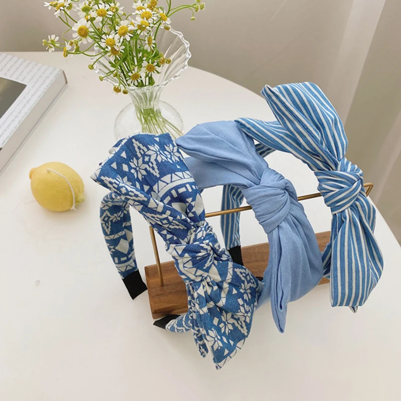 2021 New Women Denim Headband Bow Knot Hairband Twisted Headbands Cross Hairbands Blue Hair Hoop Girls Hair Accessories