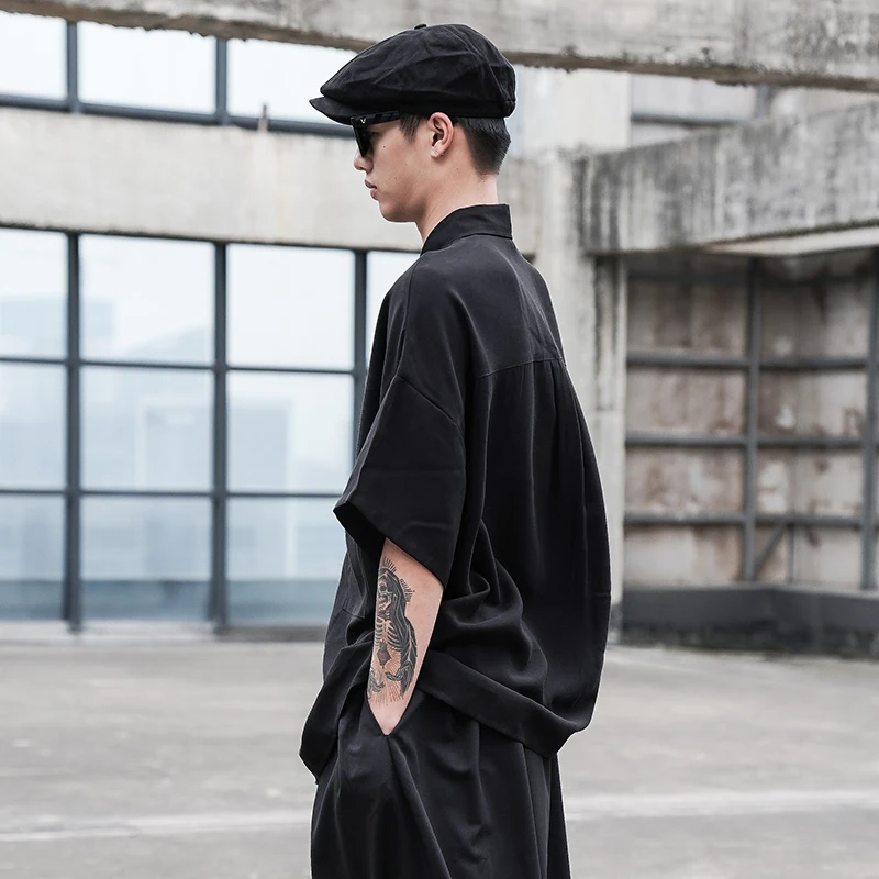 Men's summer new style Yamamoto style cross - slung small bag decoration leisure loose large short sleeve shirt