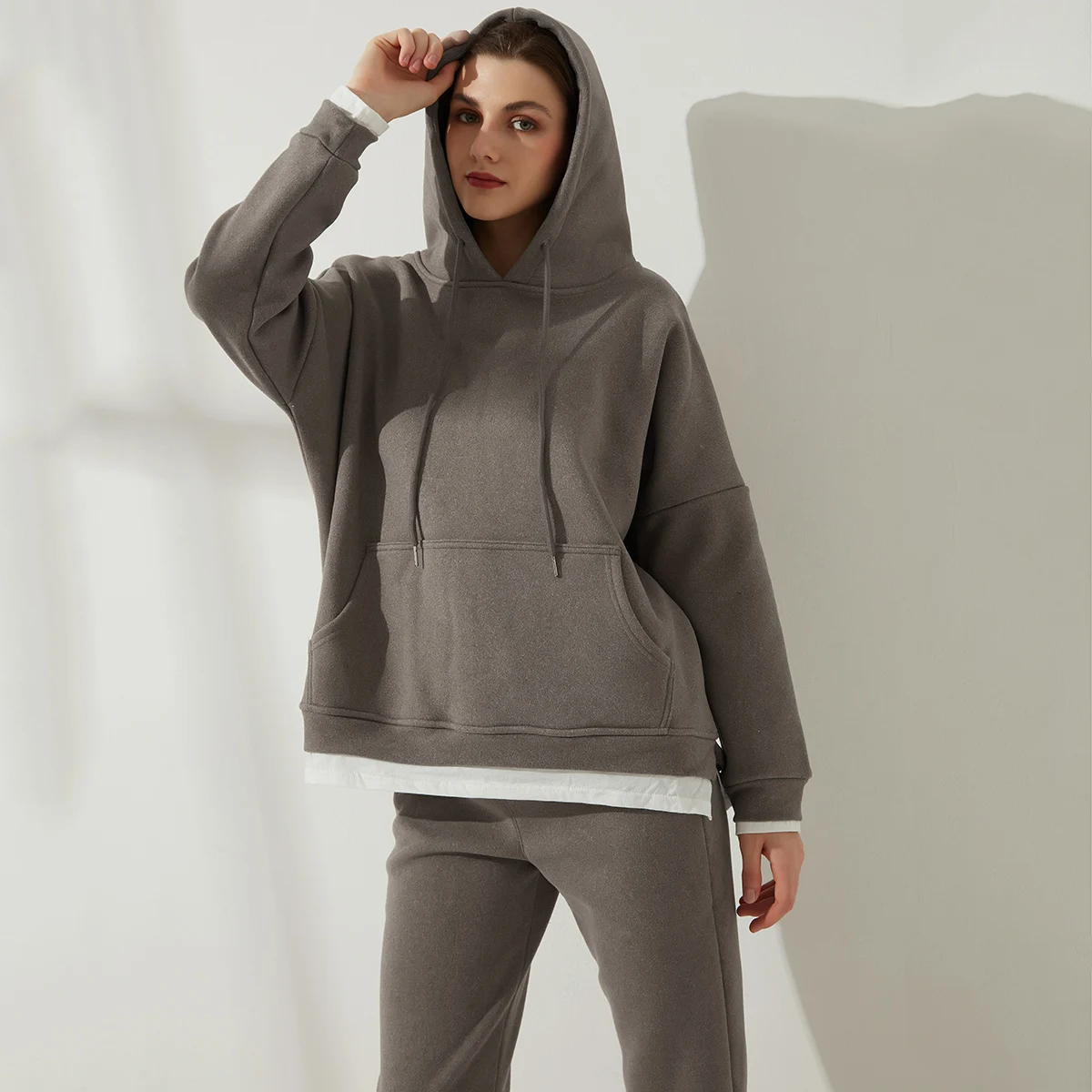 Wixra Autumn Womens Casual Hoodie Sets Thick Pullover Sweatshirts+Drawstring SweatPants Solid Loose Basic Winter Suits