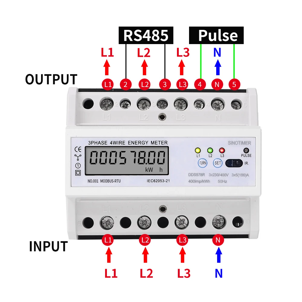 RS485 Modbus Rtu DIN Rail 3 Phase 4 Wire LCD Digital Wattmeter Electronic Power Consumption Energy Meter 5-100A 380V AC 50Hz