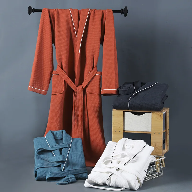 Men Summer Waffle Suck Water Full Sleeve 100% Cotton Sleep Lounge Robes Long Dressing Gown Male Kimono Bathrobes Men Sleepwear