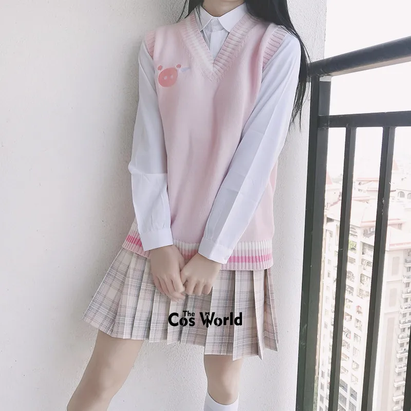 Spring Autumn Pig Rabbit Animal Pattern Sleeveless Knit Vests Pullovers V Neck Sweaters For JK School Uniform Students Cloths
