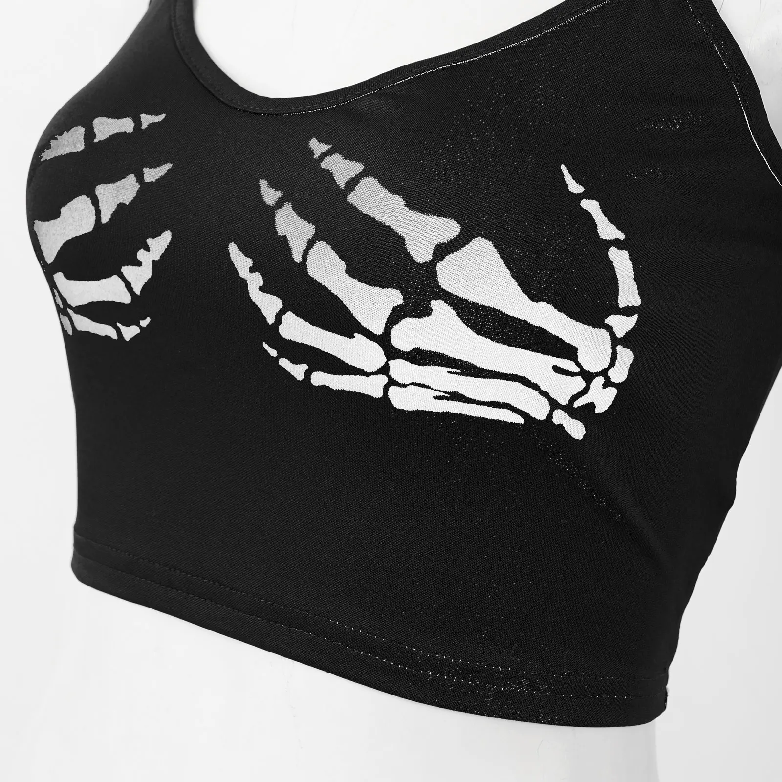 Sexy Club Women Summer Crop Top Camis Punk Y2K Harajuku Black Sleeveless Human Skeleton Skull Hand Printed Tights Vest Femme