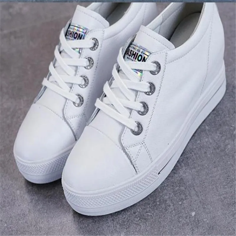 Women Leather Wedges Sneakers Woman Lace-up High heel Platform Shoes Female Height increase Casual Shoes