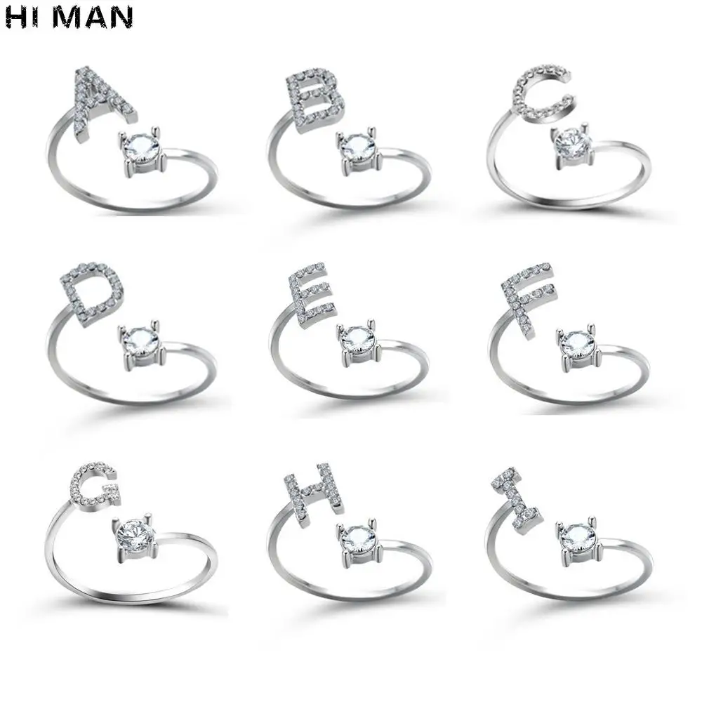 HI MAN New Design Fashion Pavé CZ Adjustable 26 Initial Letter Ring For Women Simple Elegant Jewelry Friendship Gift Wholesale