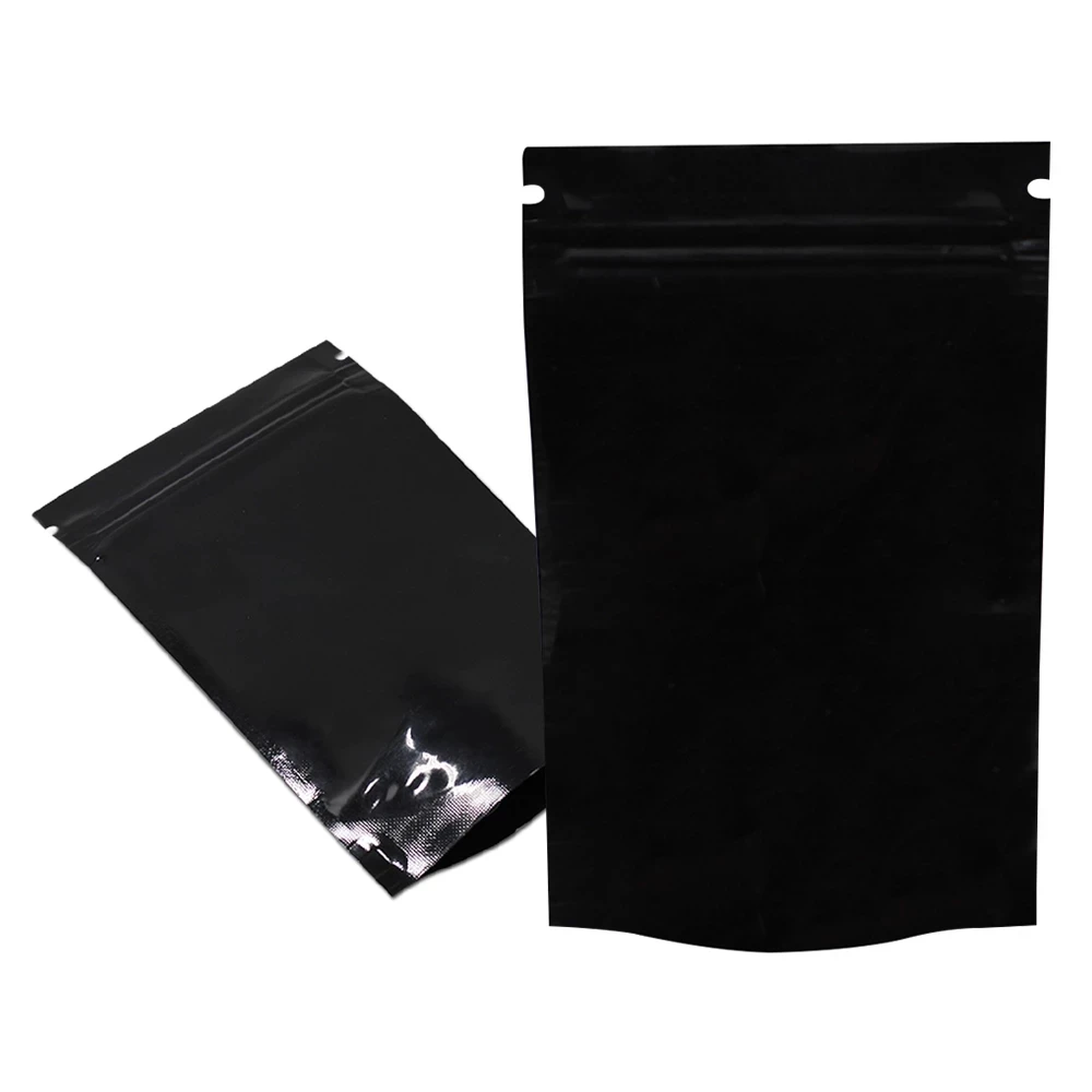 

100Pcs Glossy Black Zip Lock Stand Up Bag Aluminum Mylar Foil Zipper Grip Seal Doypack Tear Notch Food Bean Packaging Pouches