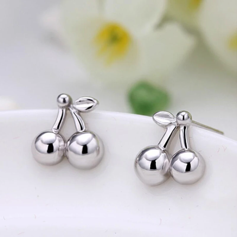 KOFSAC New Cute Mini Cherry Glossy Stud Earring Girl Jewelry 925 Sterling Silver Earrings For Women Valentine's Day Accessories