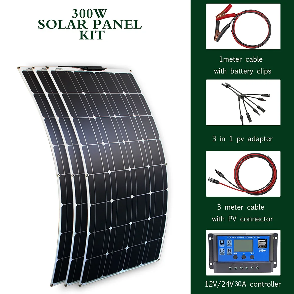 zonnepaneelkit en 300w 200w 100w flexibele zonnepanelen 12v 24v hoog rendement acculadermodule - afbeelding 1